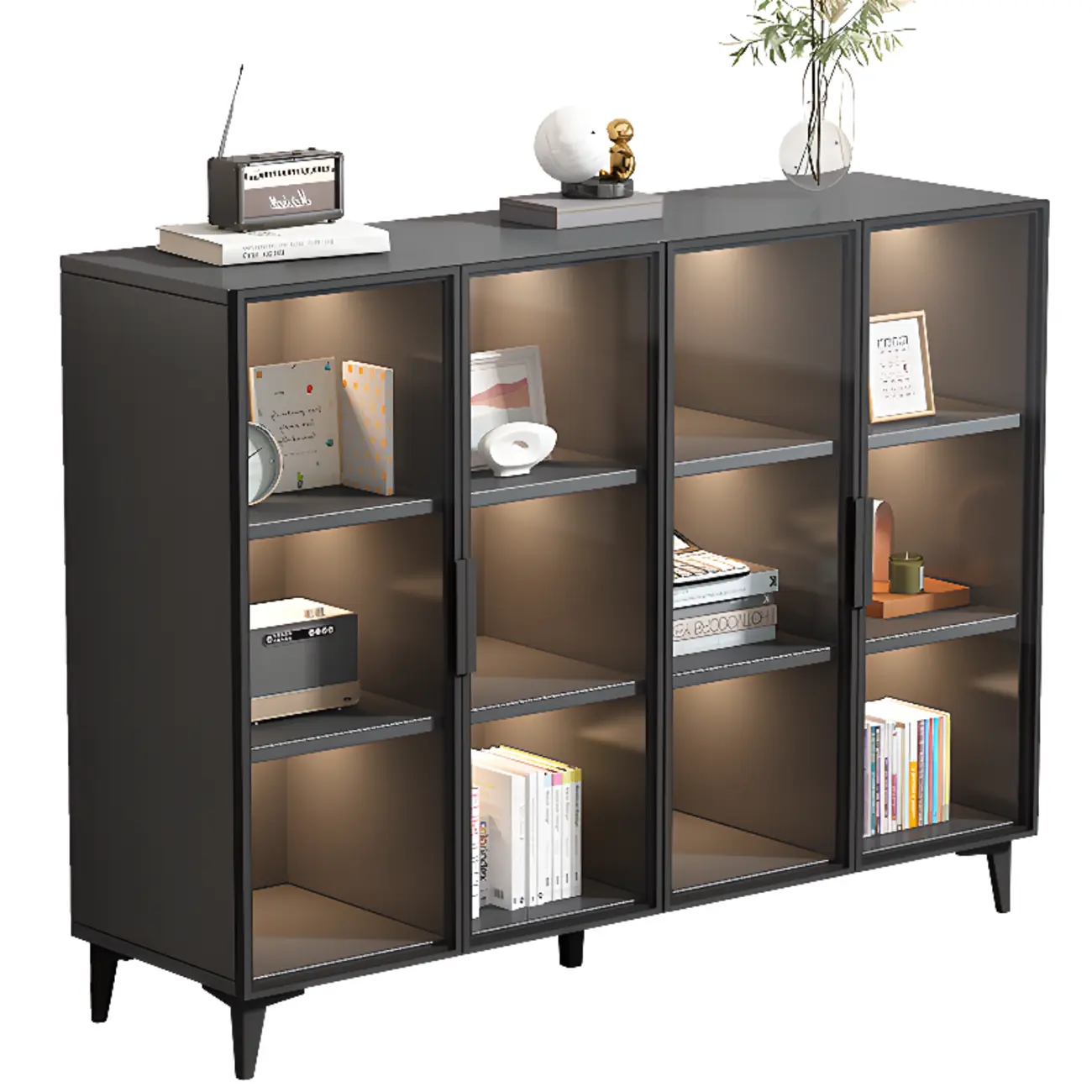 Rectangular Black Metal Glass Door Cabinet Bookcase Image - 9 | homeyfad