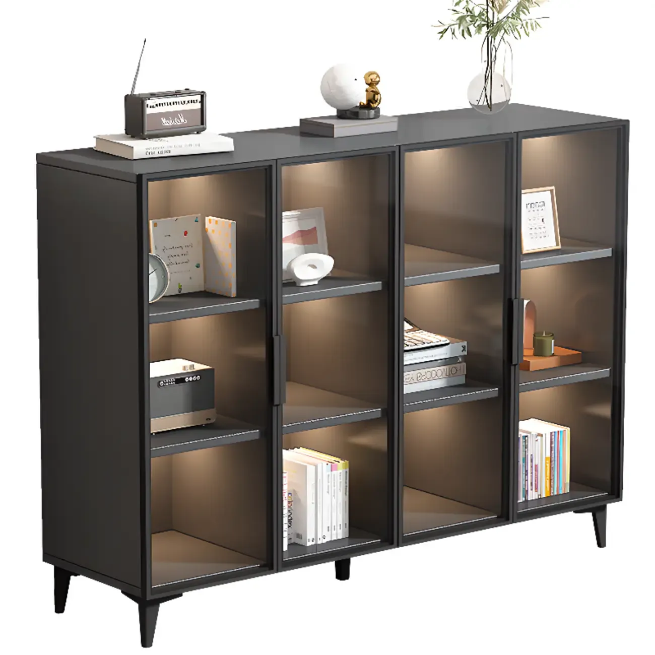 Rectangular Black Metal Glass Door Cabinet Bookcase Image - 9