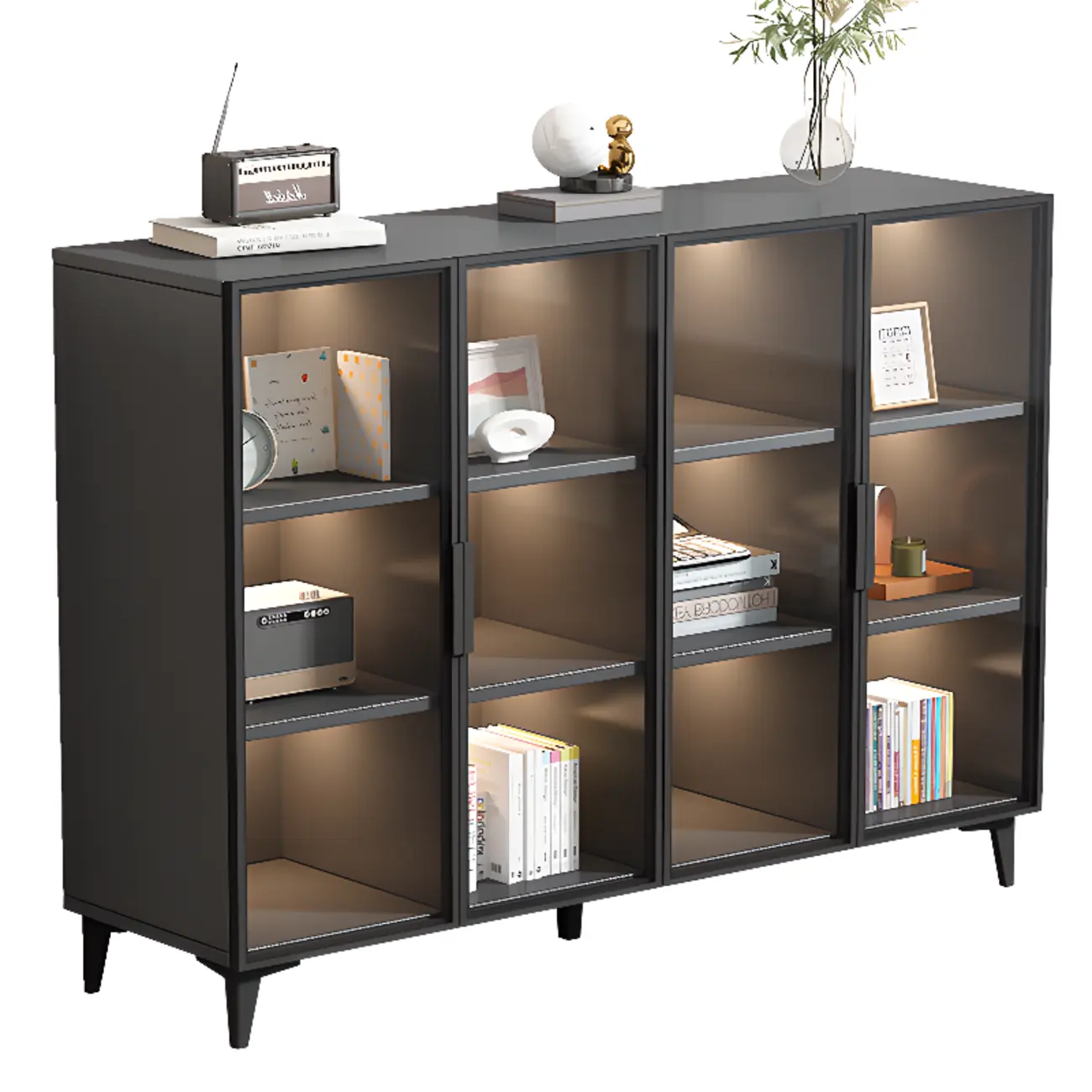 Rectangular Black Metal Glass Door Cabinet Bookcase Image - 10 | homeyfad
