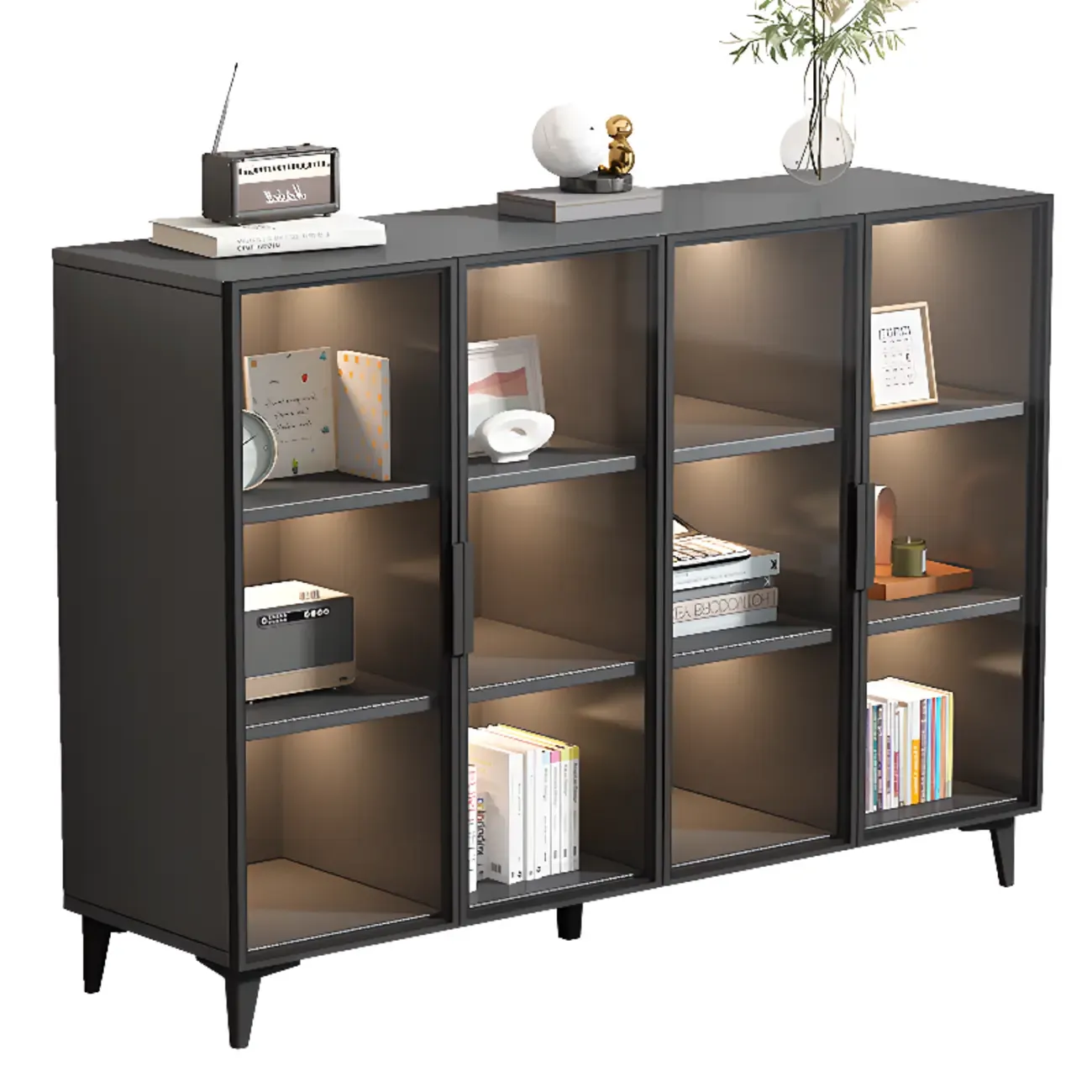 Rectangular Black Metal Glass Door Cabinet Bookcase Image - 10