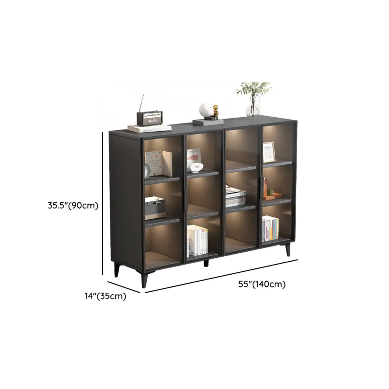 Rectangular Black Metal Glass Door Cabinet Bookcase Image - 14