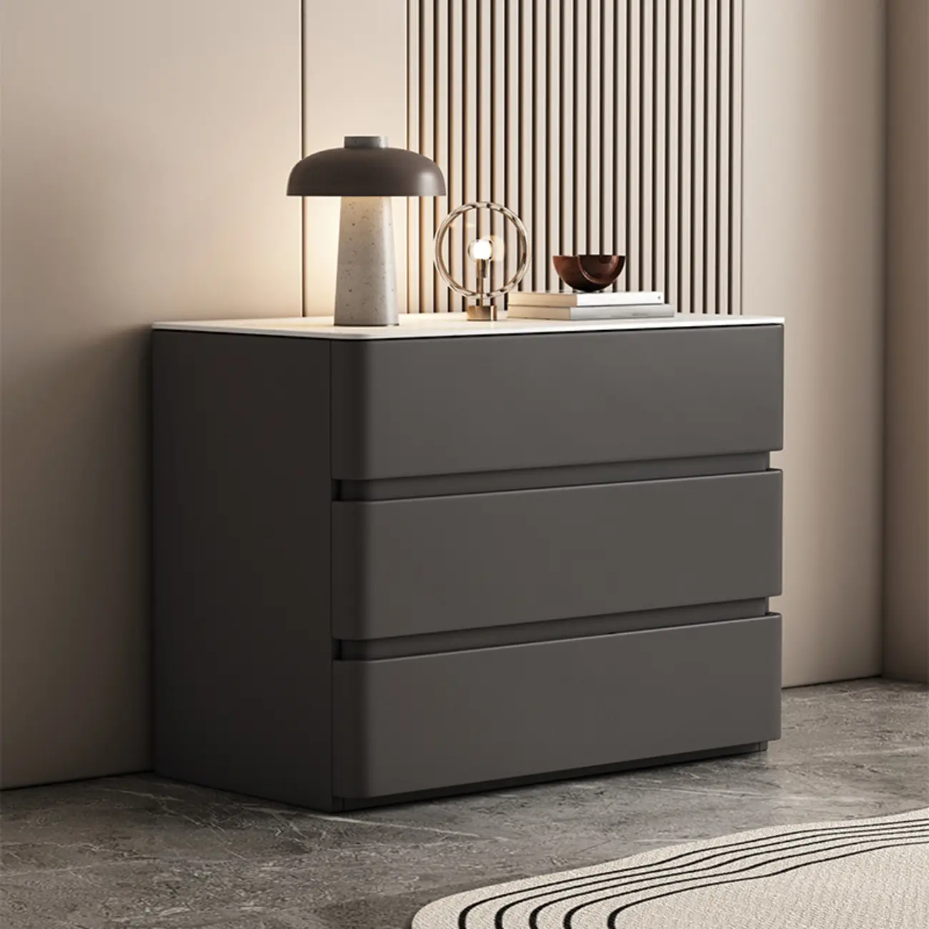 Rectangle Stone Top Wooden 3-Drawer Nightstand Image - 9 | homeyfad