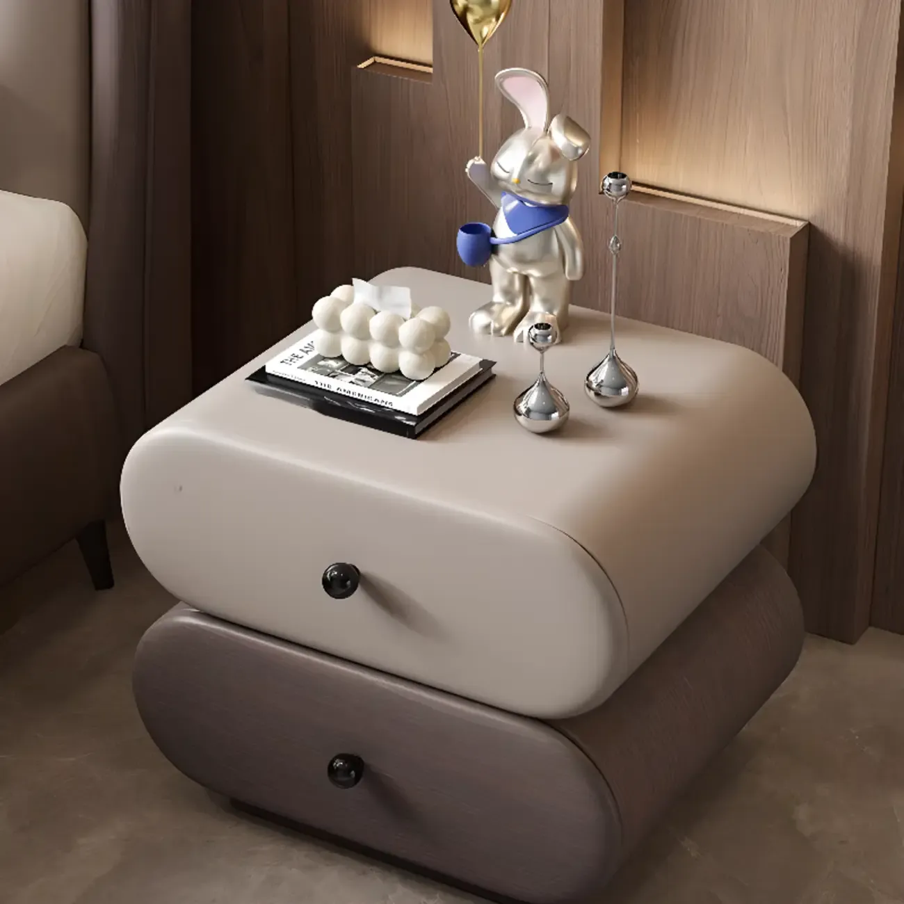 Modern Leather Wood Dual-Tone Drawers Nightstand Image - 2