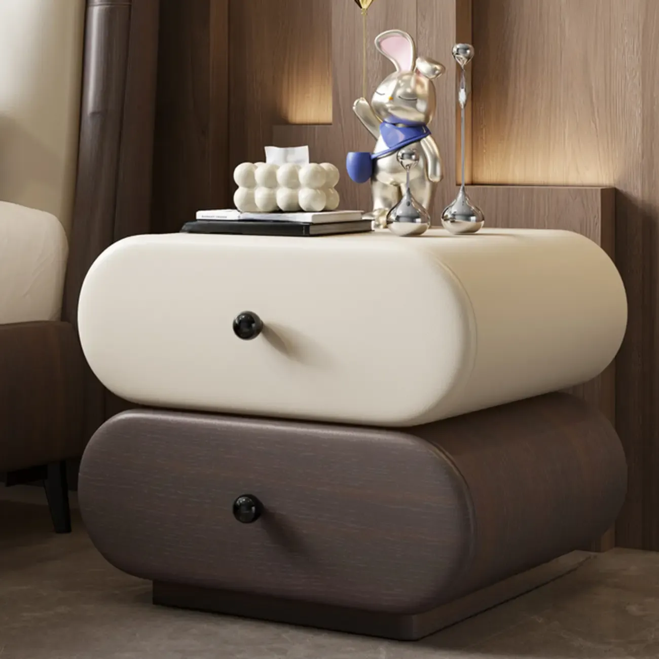 Modern Leather Wood Dual-Tone Drawers Nightstand Image - 1