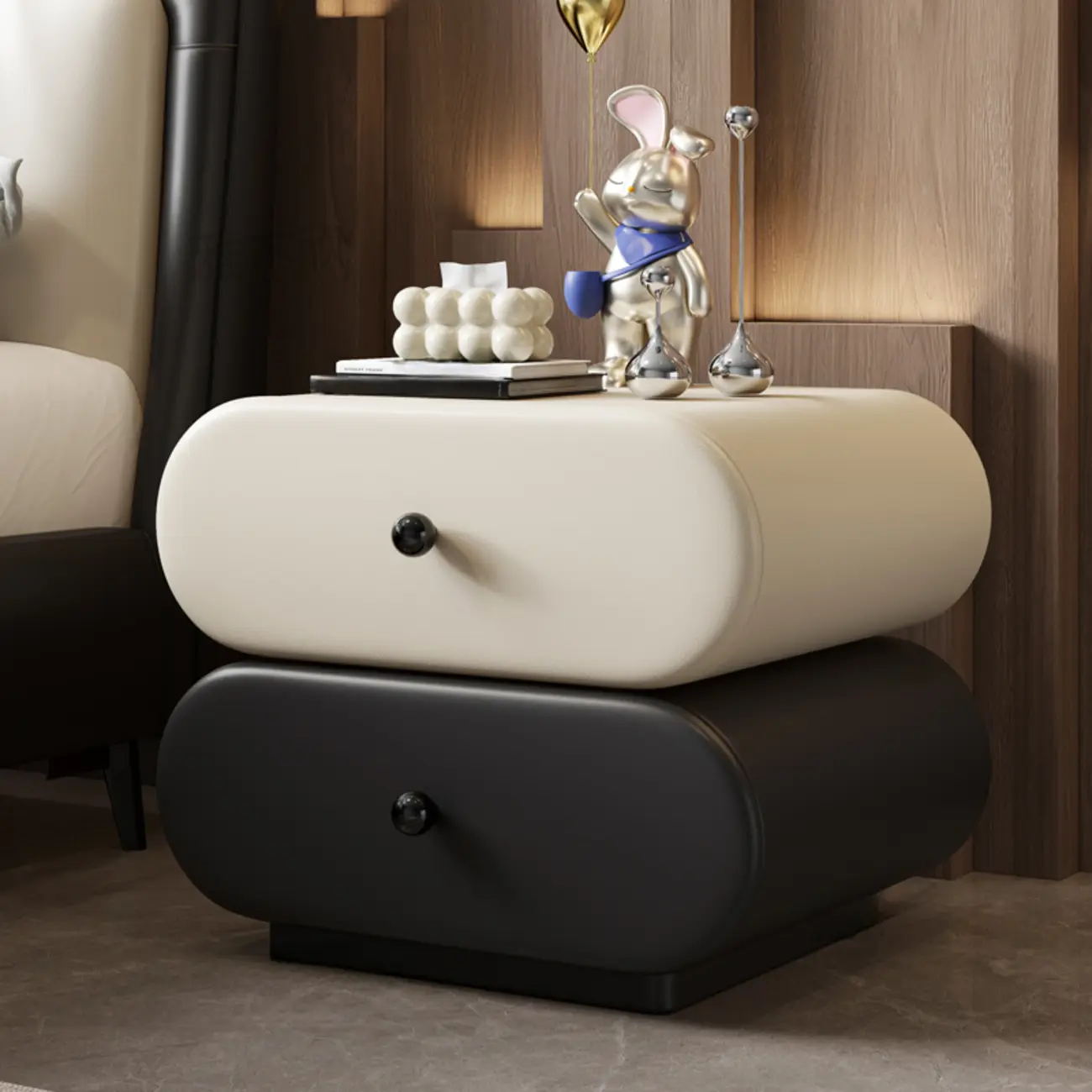 Modern Leather Wood Dual-Tone Drawers Nightstand Image - 4 | homeyfad