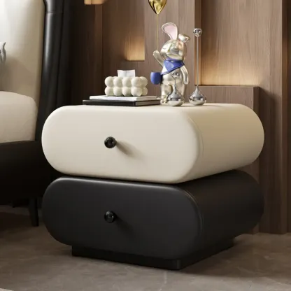 Modern Leather Wood Dual-Tone Drawers Nightstand Image - 4