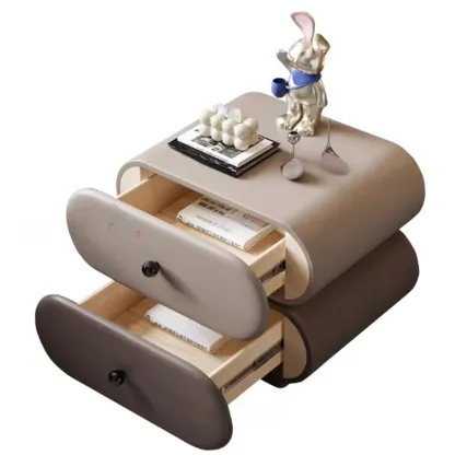 Modern Leather Wood Dual-Tone Drawers Nightstand Image - 8