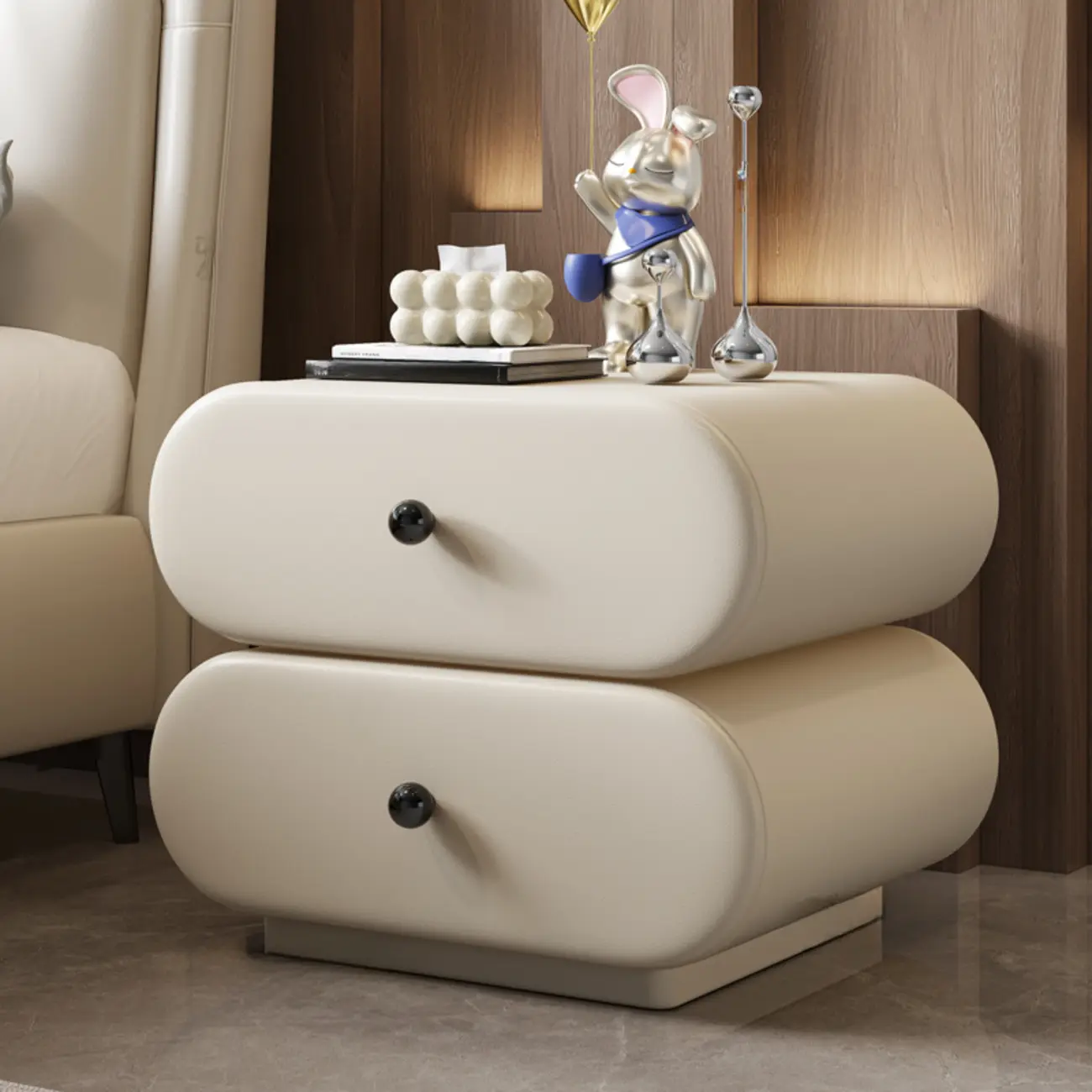 Modern Leather Wood Dual-Tone Drawers Nightstand Image - 6 | homeyfad