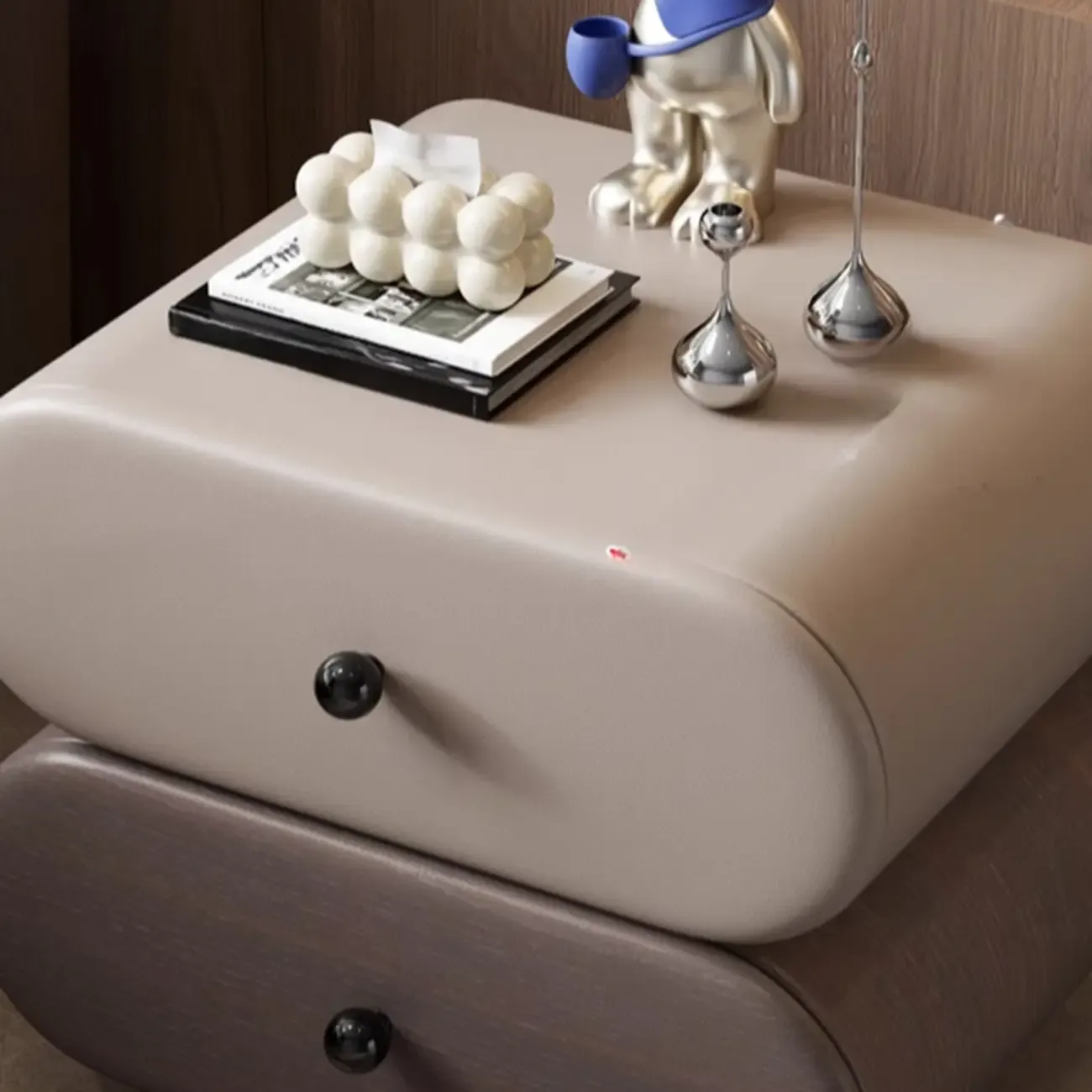 Modern Leather Wood Dual-Tone Drawers Nightstand Image - 3