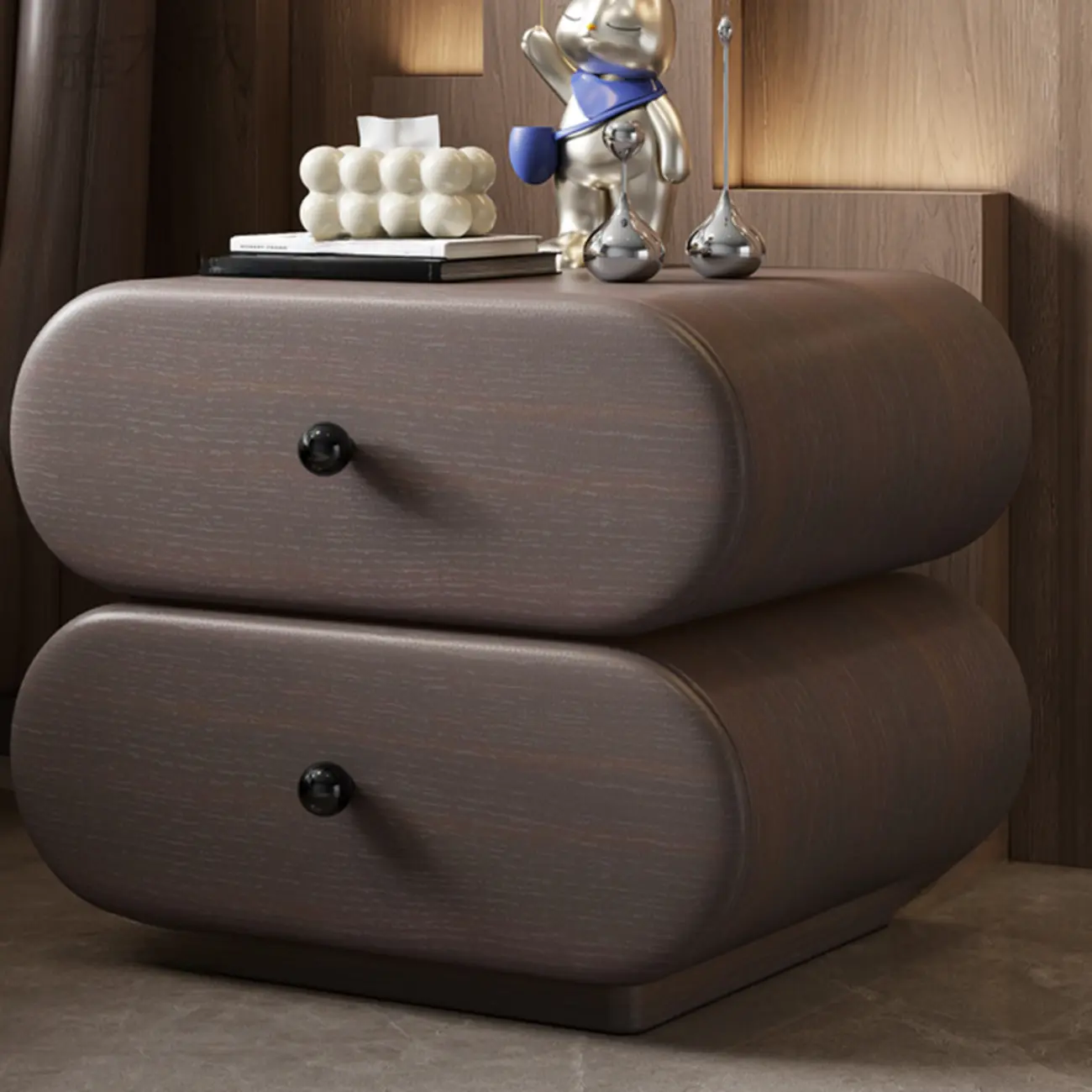 Modern Leather Wood Dual-Tone Drawers Nightstand Image - 7 | homeyfad