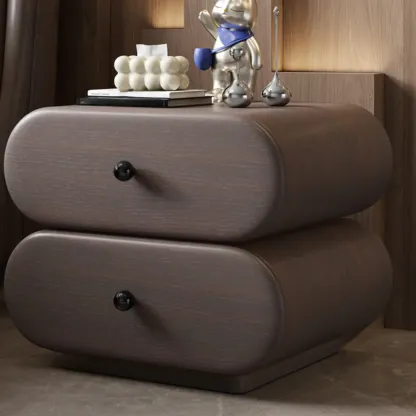 Modern Leather Wood Dual-Tone Drawers Nightstand Image - 7