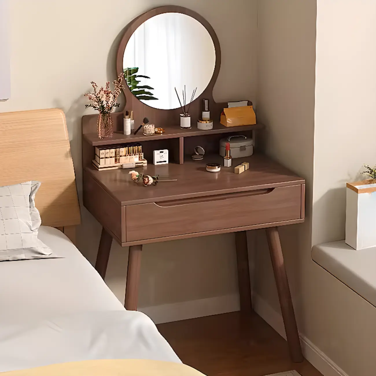 Walnut Wood Makeup Vanity Set with Mirror and Drawers Image - 1 | homeyfad