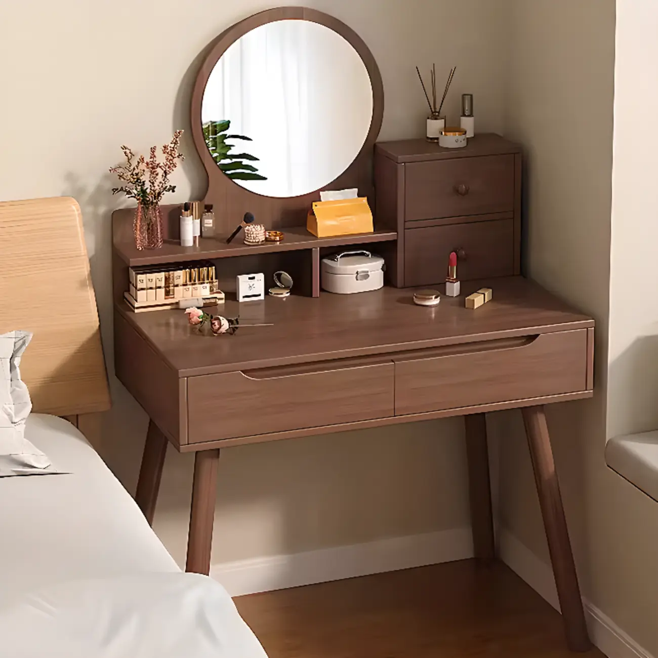 Walnut Wood Makeup Vanity Set with Mirror and Drawers Image - 2 | homeyfad