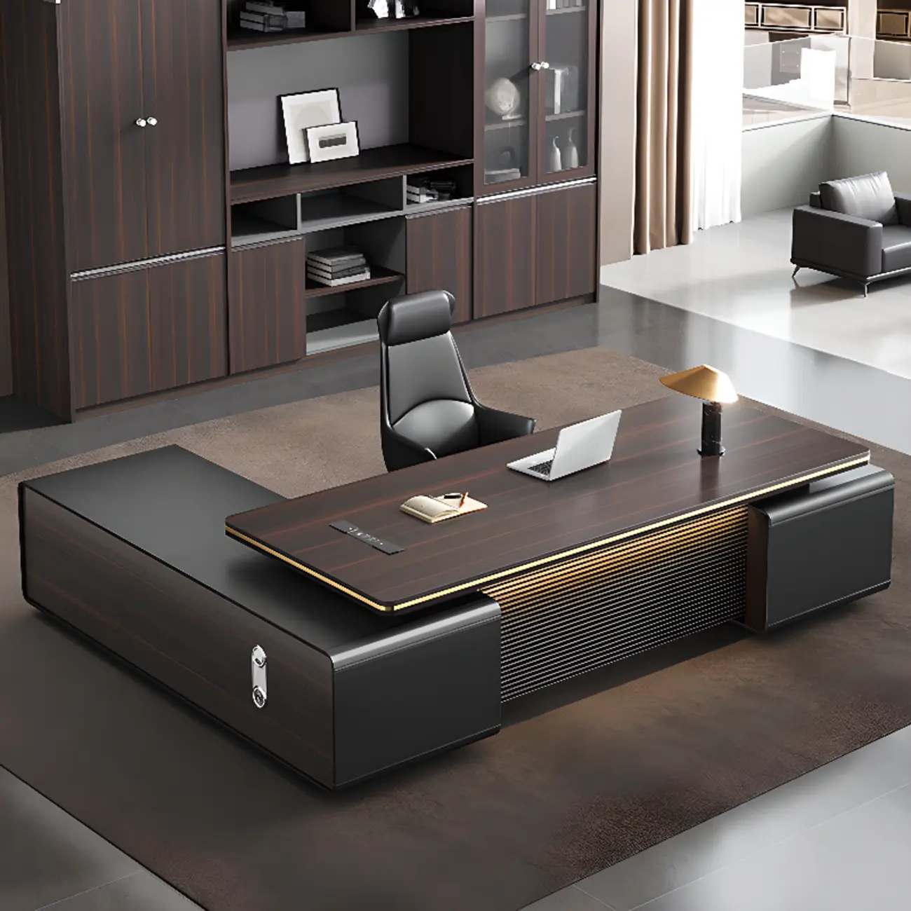 Large Modern Black Wooden L-Shaped Executive Office Desk Image - 4 | homeyfad
