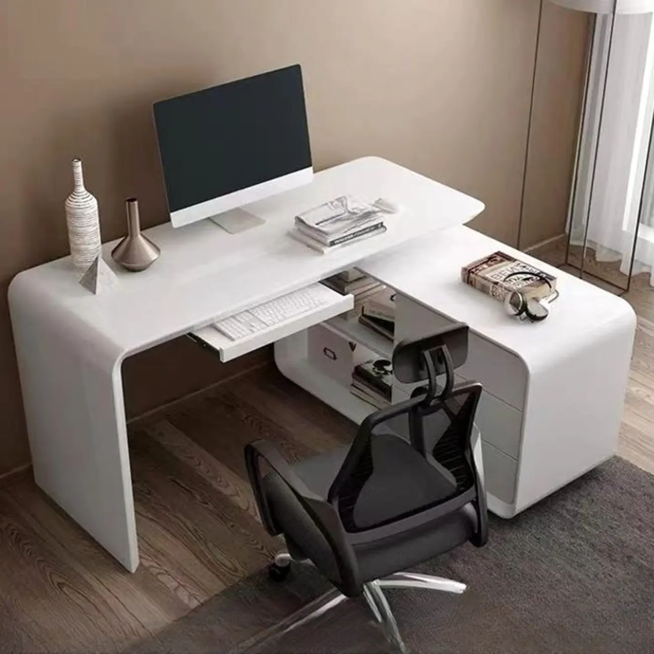 Sleek White Wooden Office Desk with Storage Base Image - 1 | homeyfad