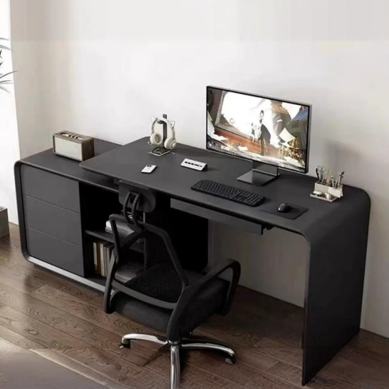 Sleek White Wooden Office Desk with Storage Base Image - 2 | homeyfad