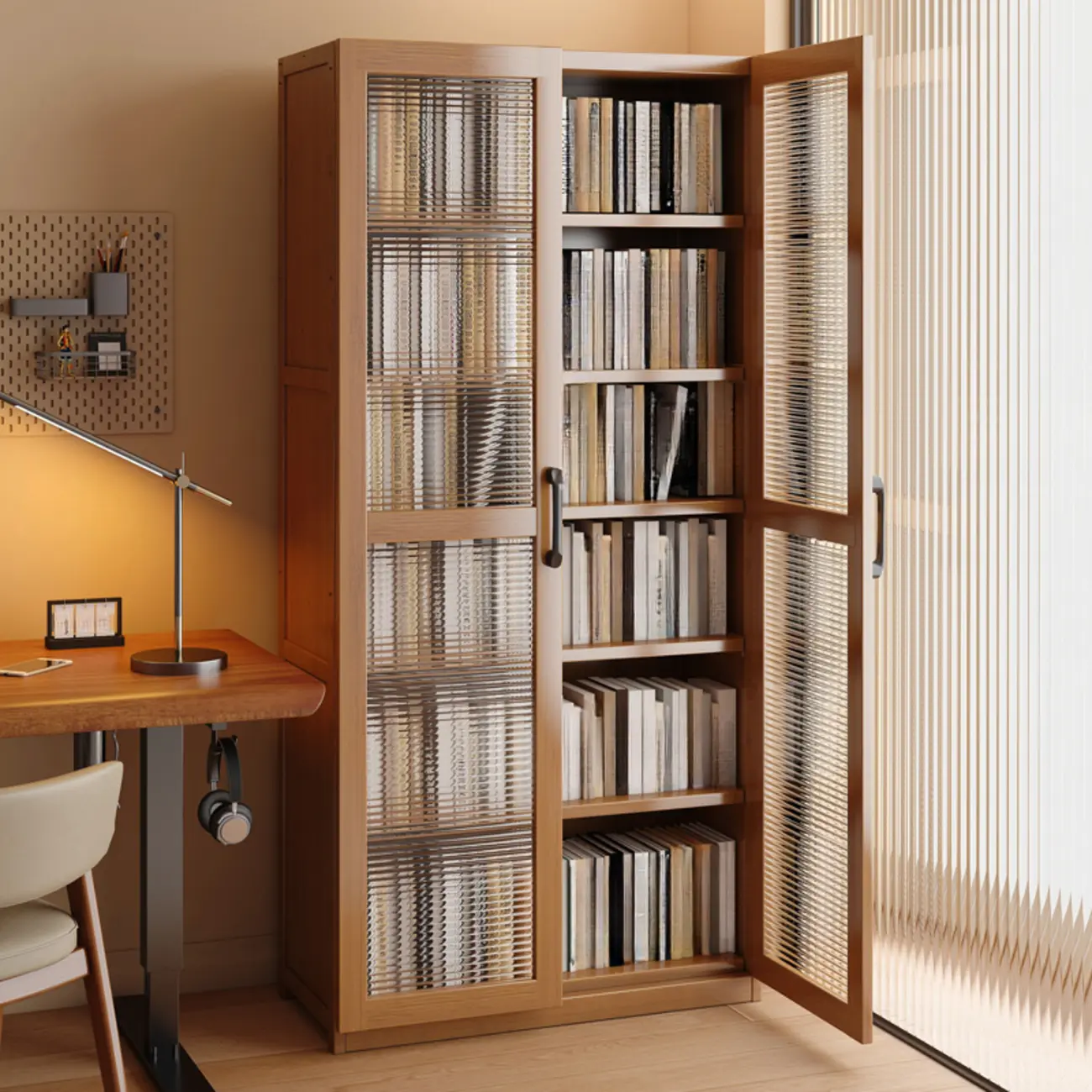 Classic 6-Tier Premium Wood Glass Door Wide Bookcase Image - 1 | homeyfad