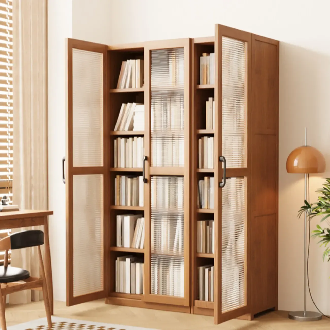 Classic 6-Tier Premium Wood Glass Door Wide Bookcase Image - 2