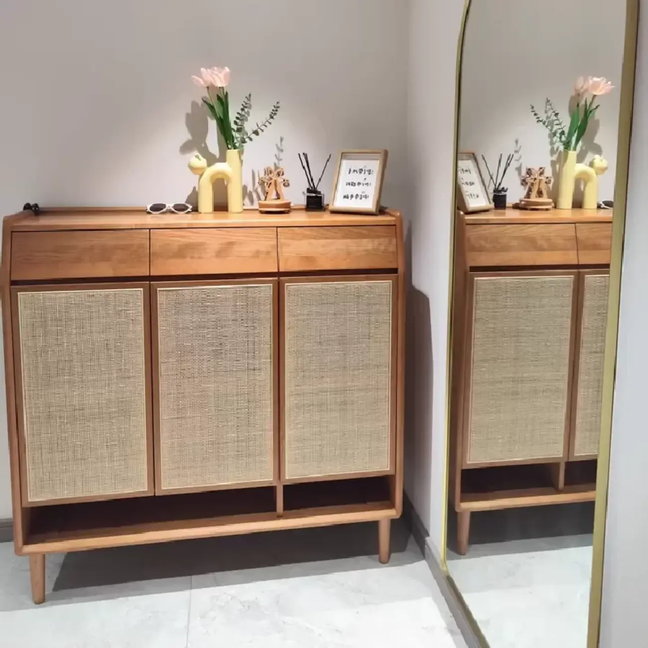 Boho Solid Wood Shoe Cabinet Woven Door Image - 1