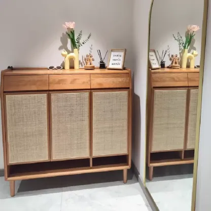 Boho Solid Wood Shoe Cabinet Woven Door Image - 1