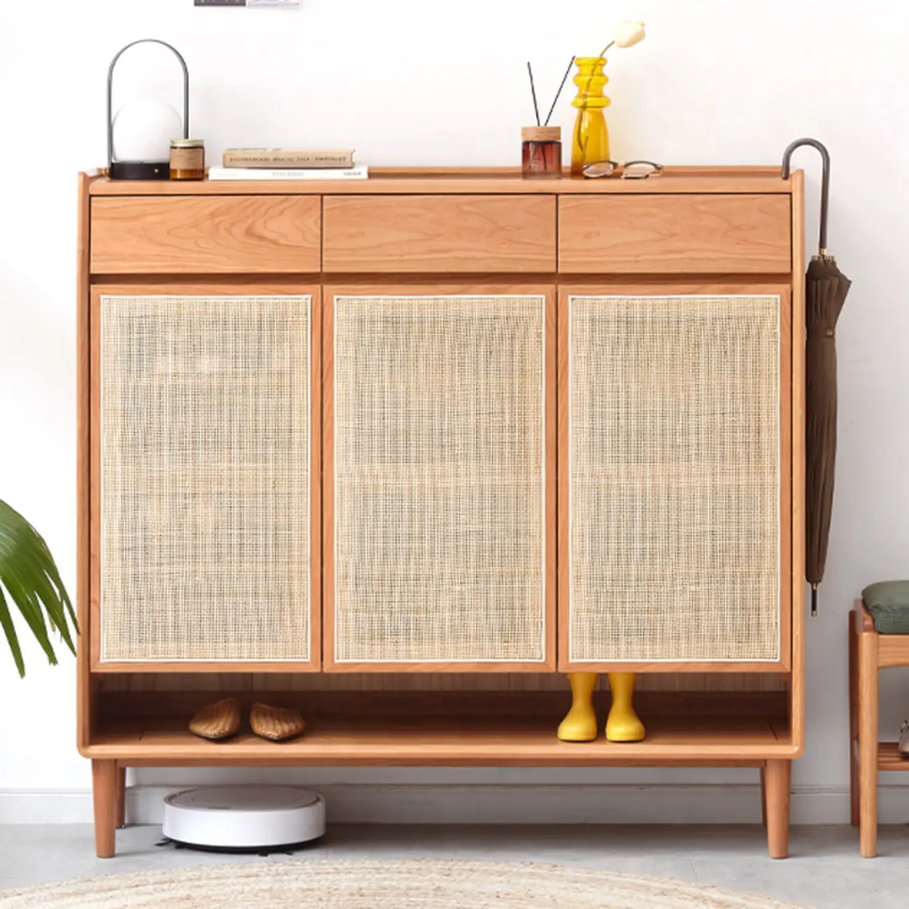 Boho Solid Wood Shoe Cabinet Woven Door Image - 2 | homeyfad