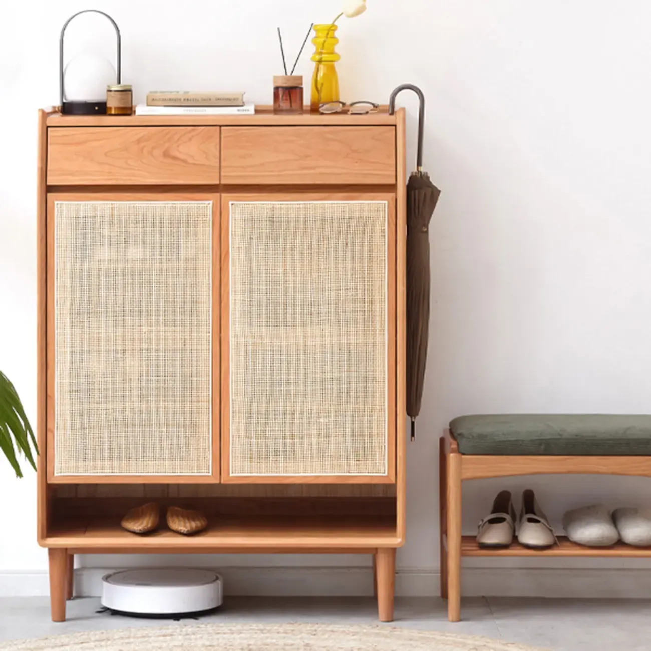 Boho Solid Wood Shoe Cabinet Woven Door Image - 3