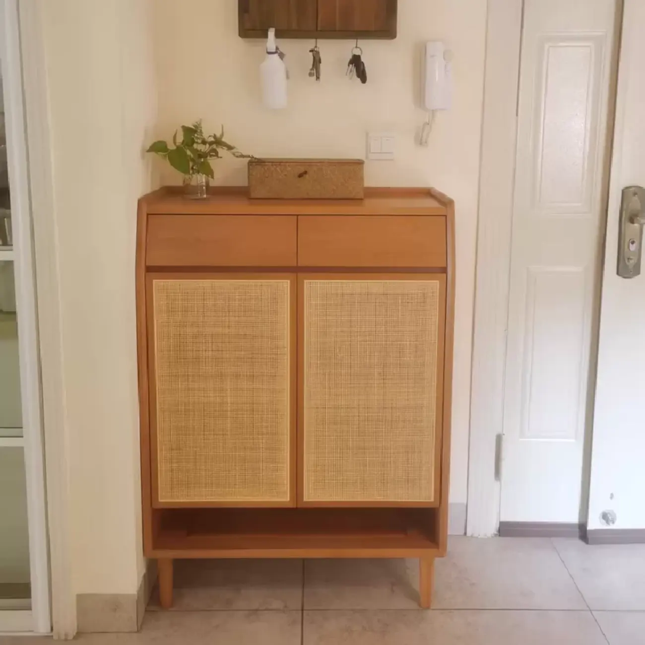 Boho Solid Wood Shoe Cabinet Woven Door Image - 4 | homeyfad