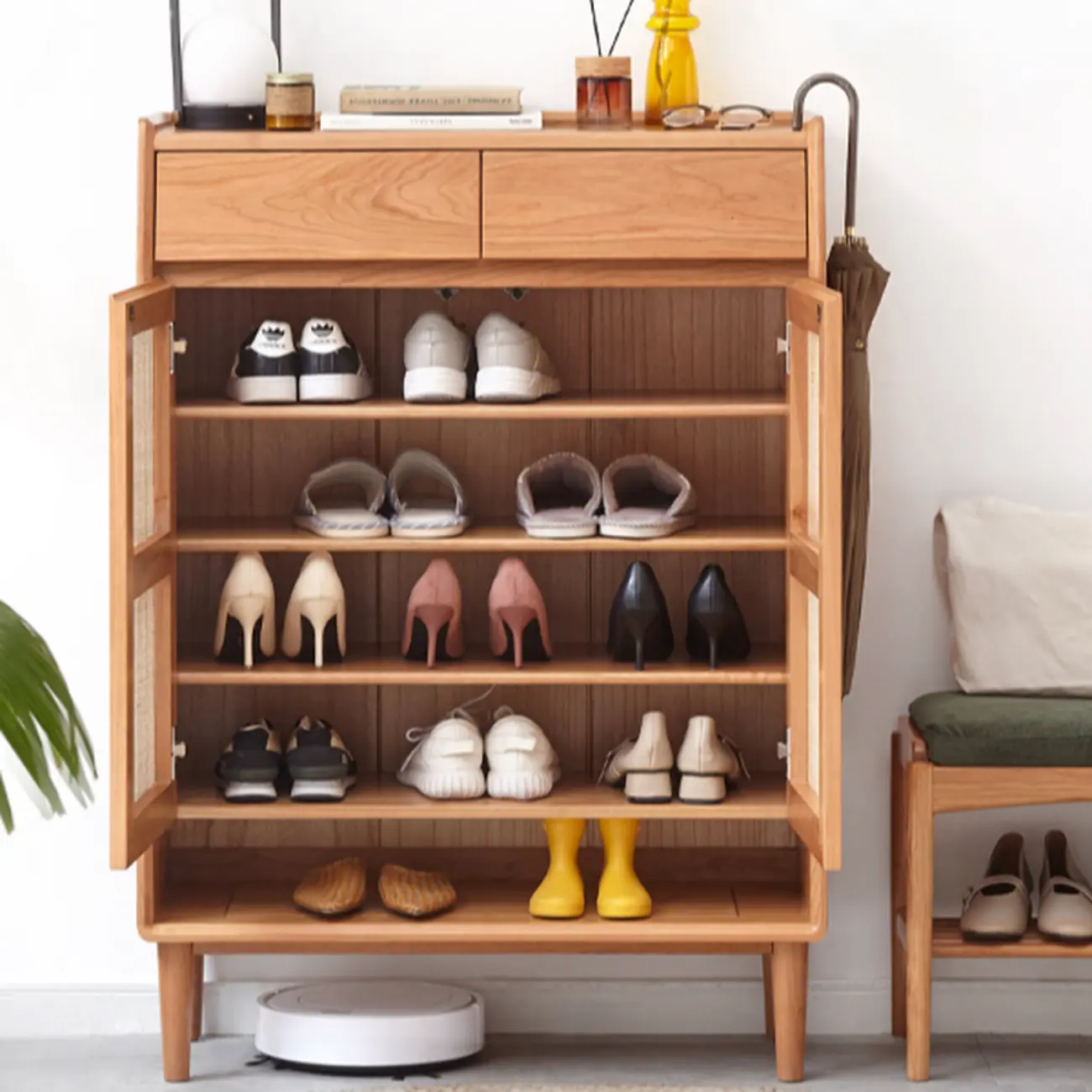 Boho Solid Wood Shoe Cabinet Woven Door Image - 6 | homeyfad