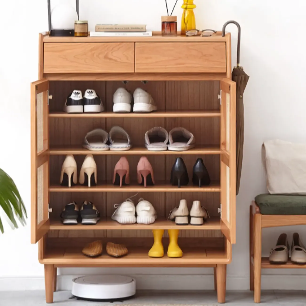 Boho Solid Wood Shoe Cabinet Woven Door Image - 6