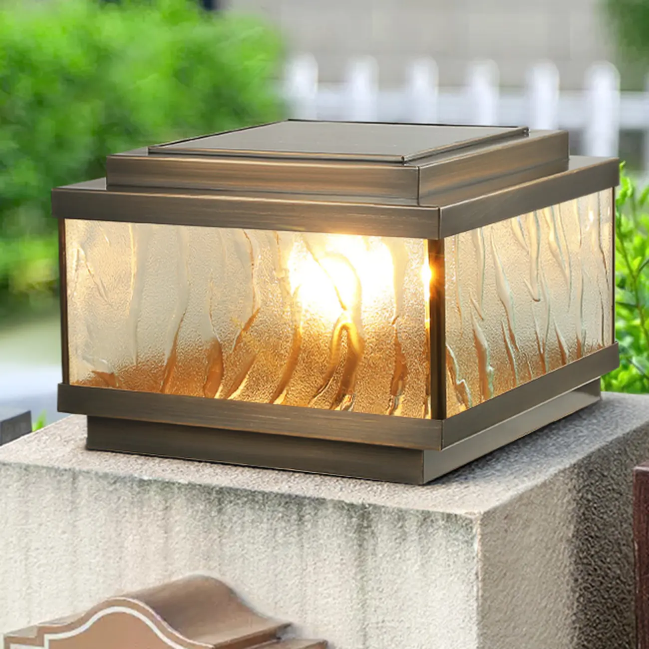 Elegant Bronze Ripple Square Solar Outdoor Post Lights | homeyfad