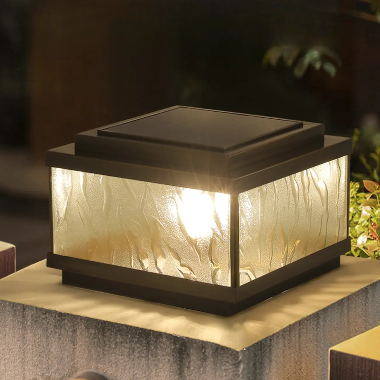 Elegant Bronze Ripple Square Solar Outdoor Post Lights | homeyfad