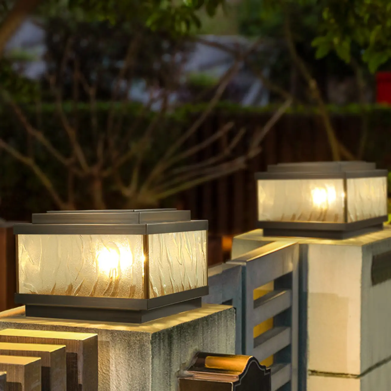 Elegant Bronze Ripple Square Solar Outdoor Post Lights | homeyfad