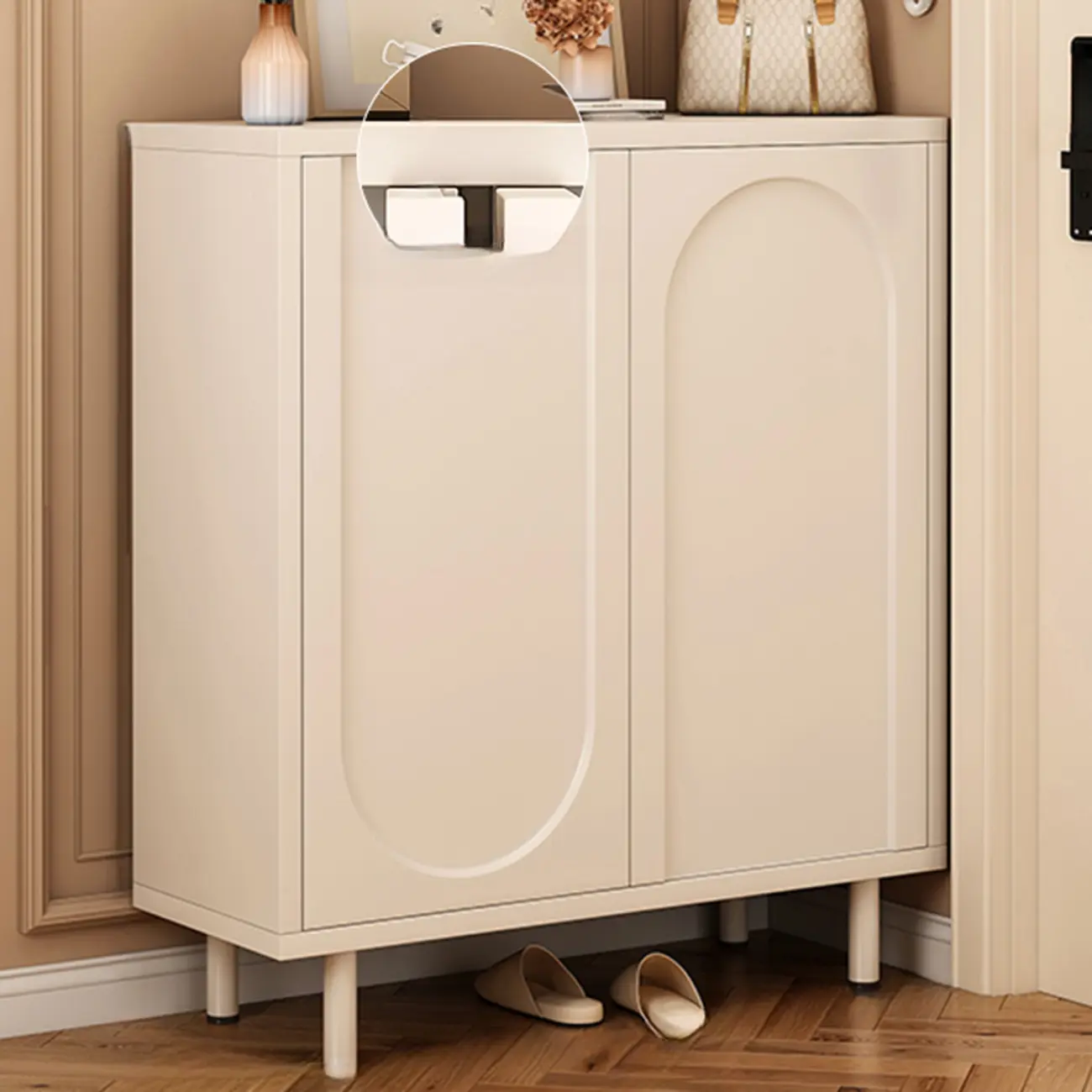 White Curved Panel Shoe Cabinet with Open Base Storage Image - 3 | homeyfad