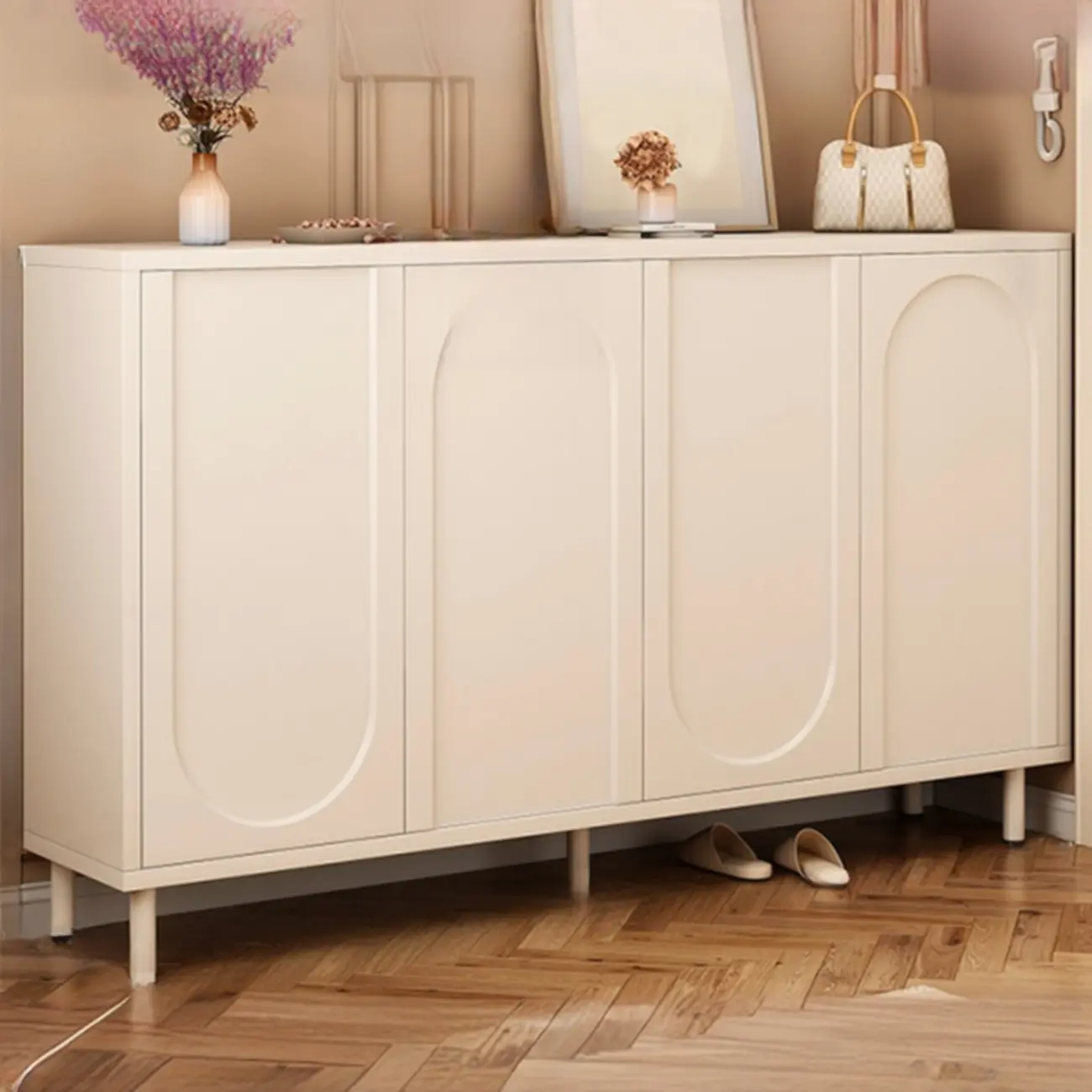 White Curved Panel Shoe Cabinet with Open Base Storage Image - 6 | homeyfad