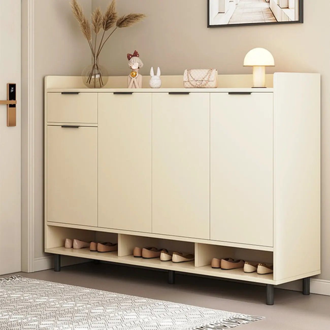 White Curved Panel Shoe Cabinet with Open Base Storage Image - 12 | homeyfad
