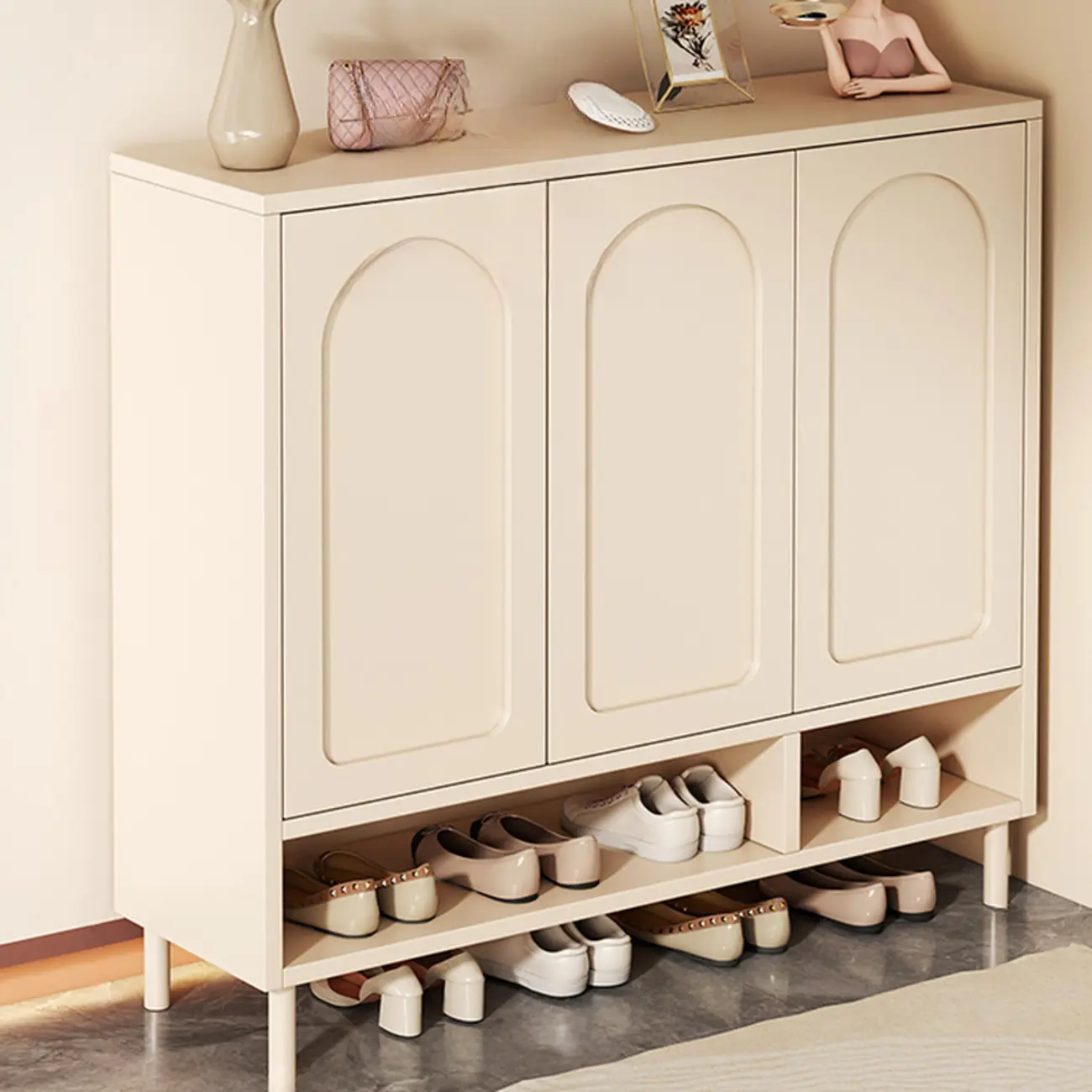 White Curved Panel Shoe Cabinet with Open Base Storage Image - 1 | homeyfad
