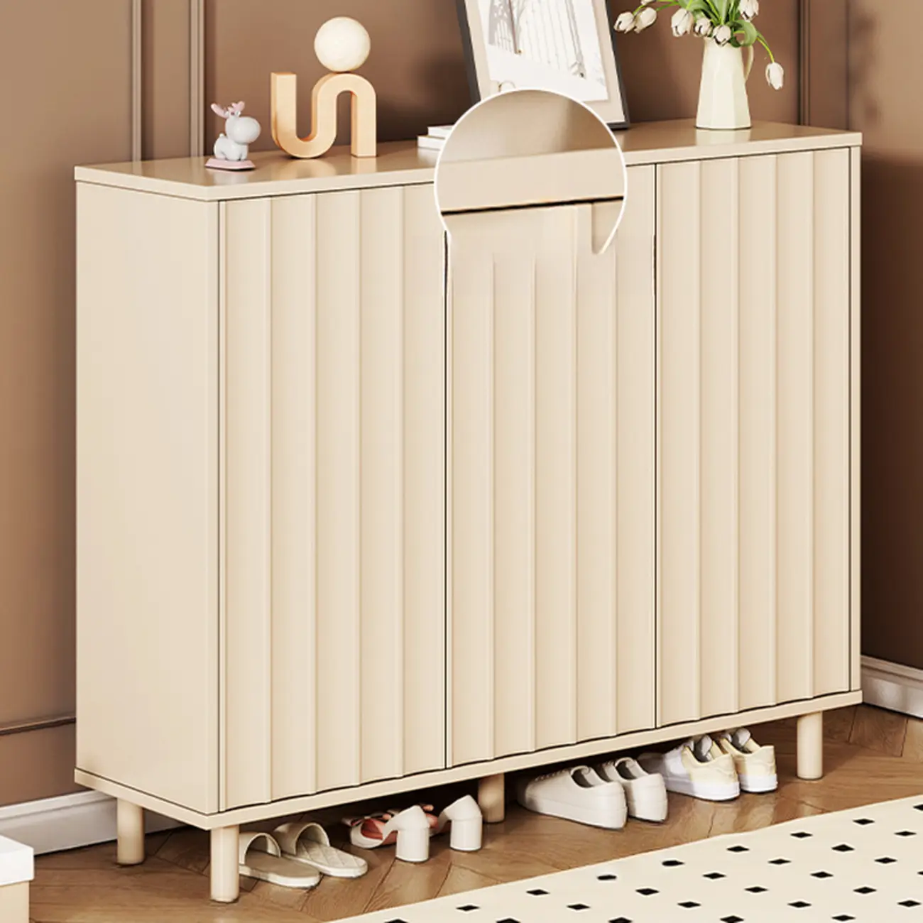 White Curved Panel Shoe Cabinet with Open Base Storage Image - 8 | homeyfad
