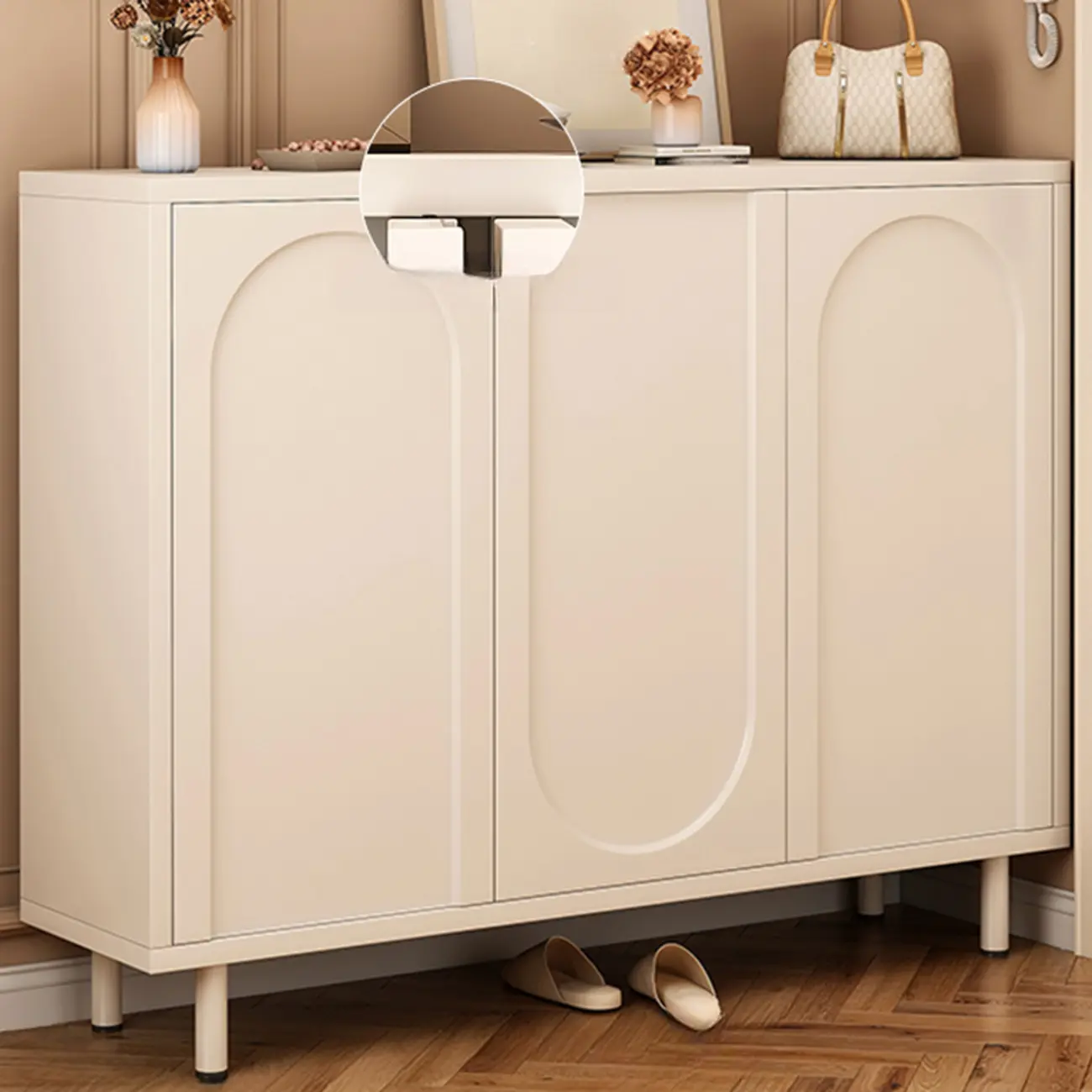 White Curved Panel Shoe Cabinet with Open Base Storage Image - 4 | homeyfad