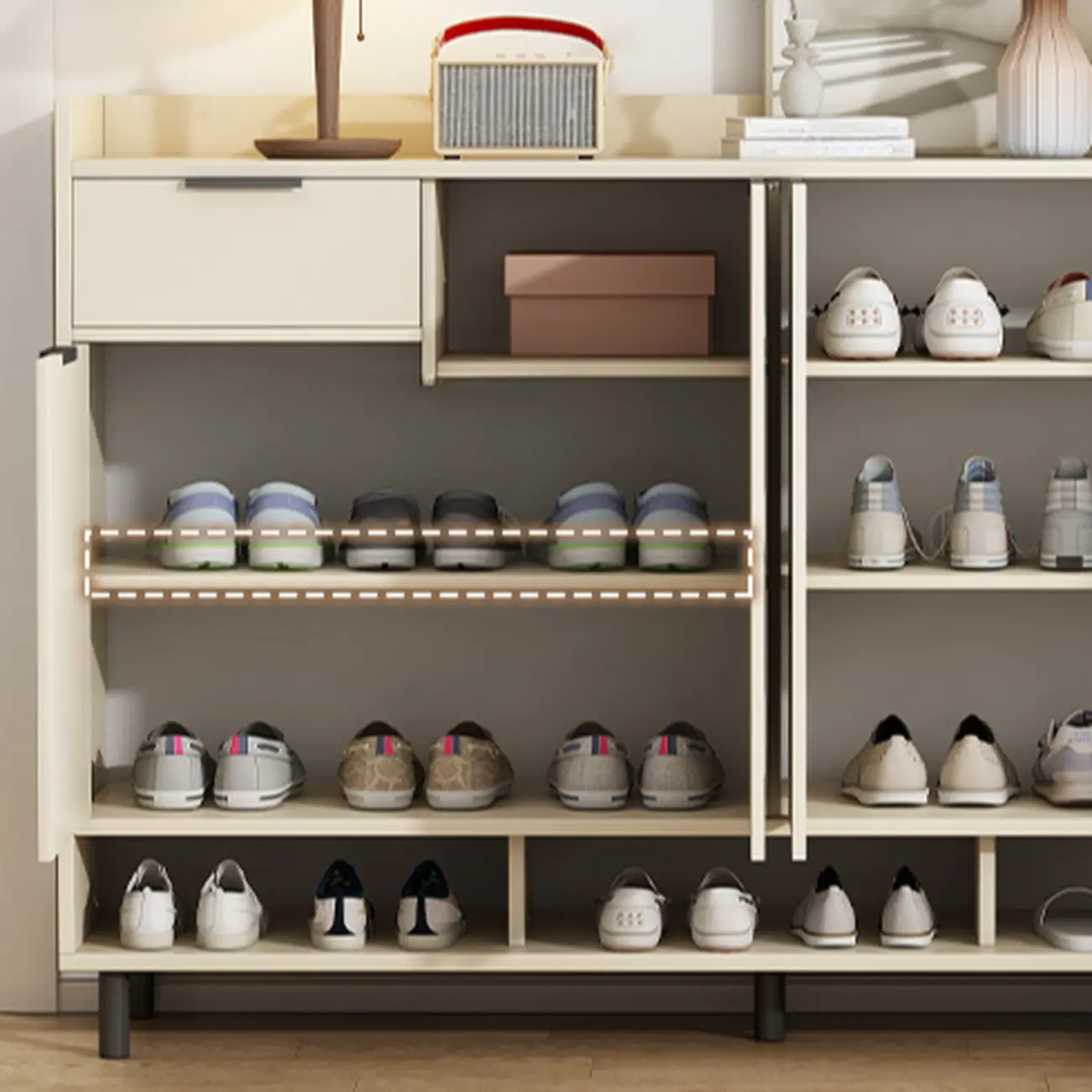 White Curved Panel Shoe Cabinet with Open Base Storage Image - 18 | homeyfad