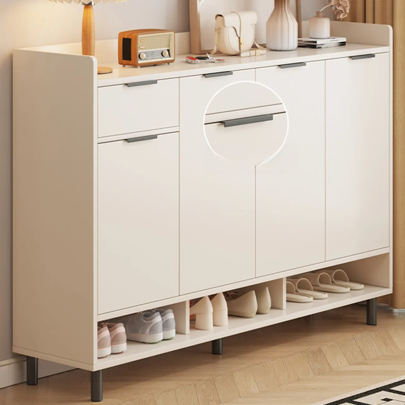 White Curved Panel Shoe Cabinet with Open Base Storage Image - 11 | homeyfad