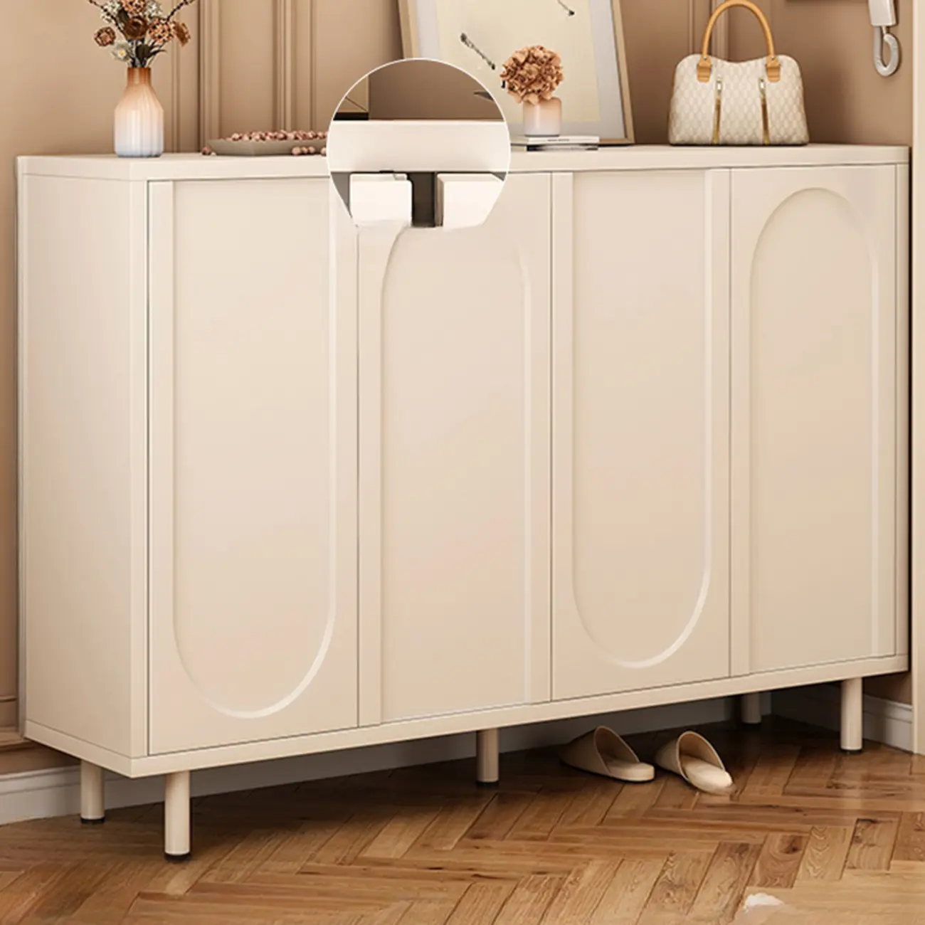 White Curved Panel Shoe Cabinet with Open Base Storage Image - 5 | homeyfad