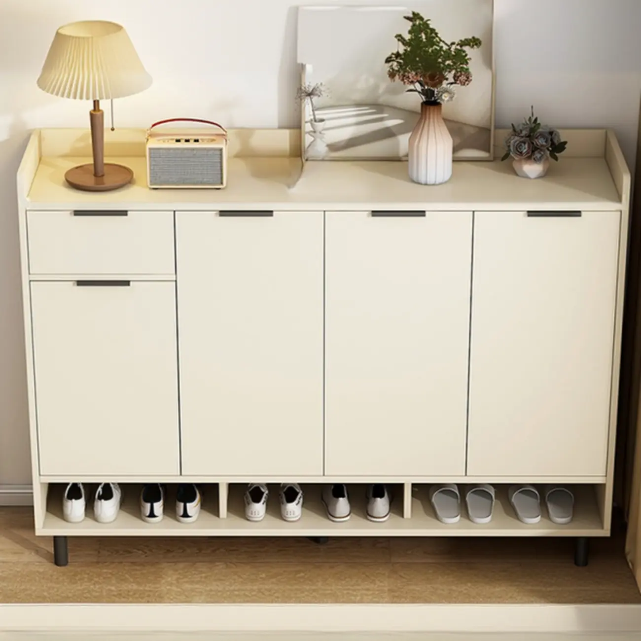 White Curved Panel Shoe Cabinet with Open Base Storage Image - 2 | homeyfad