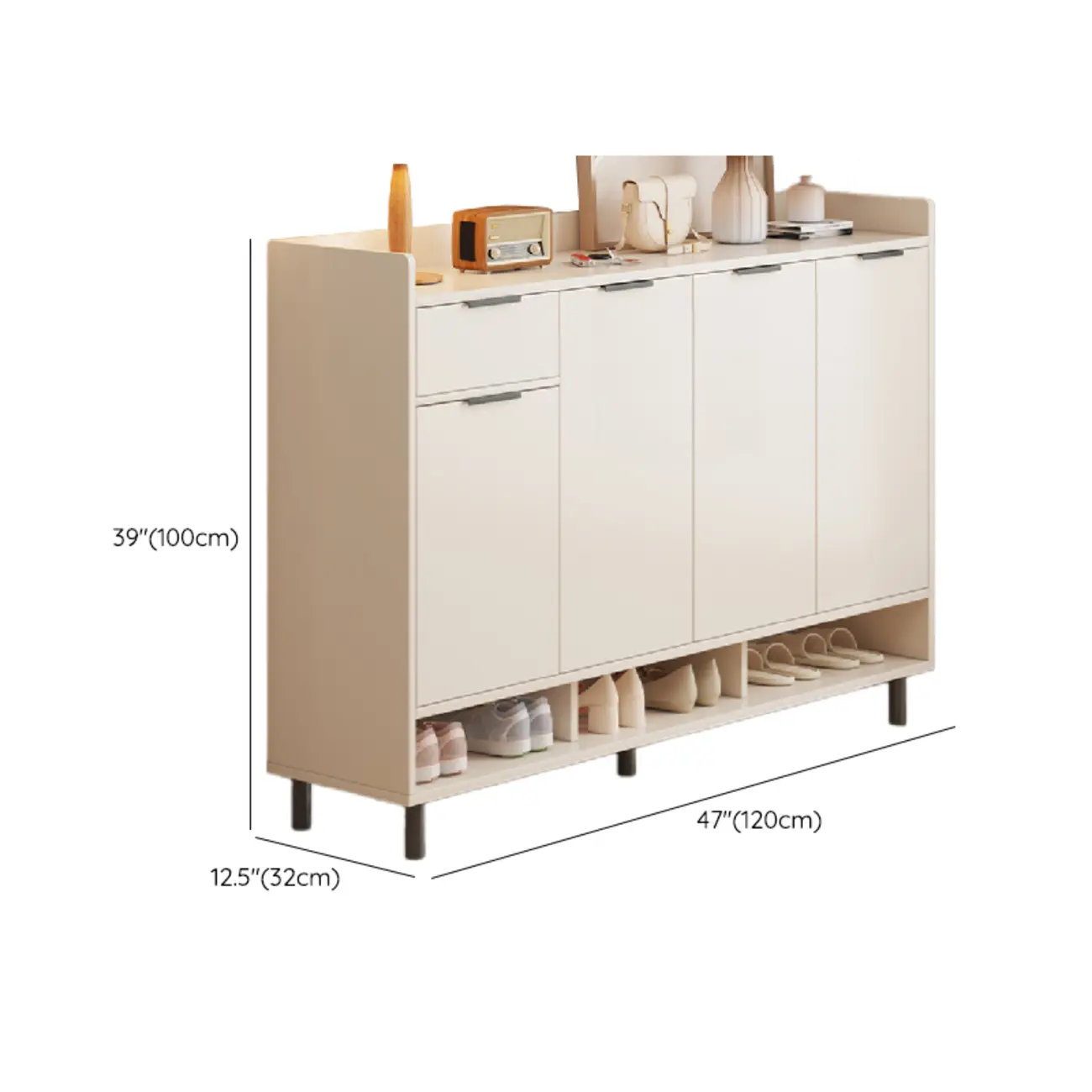 White Curved Panel Shoe Cabinet with Open Base Storage #size | homeyfad