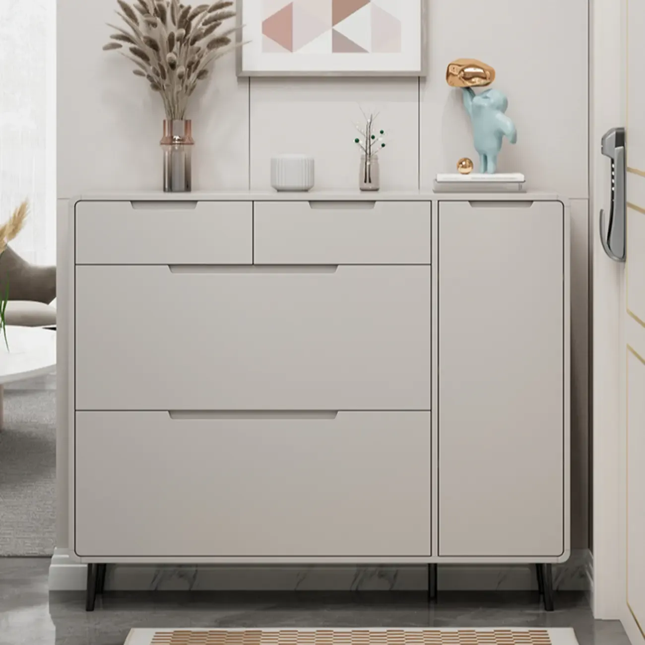 Drop-Front Beige Wood Entryway Shoe Cabinet with 2-Drawer Image - 5