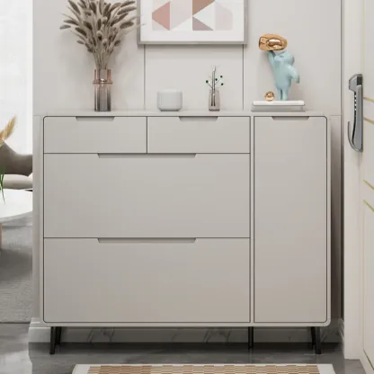 Drop-Front Beige Wood Entryway Shoe Cabinet with 2-Drawer Image - 5