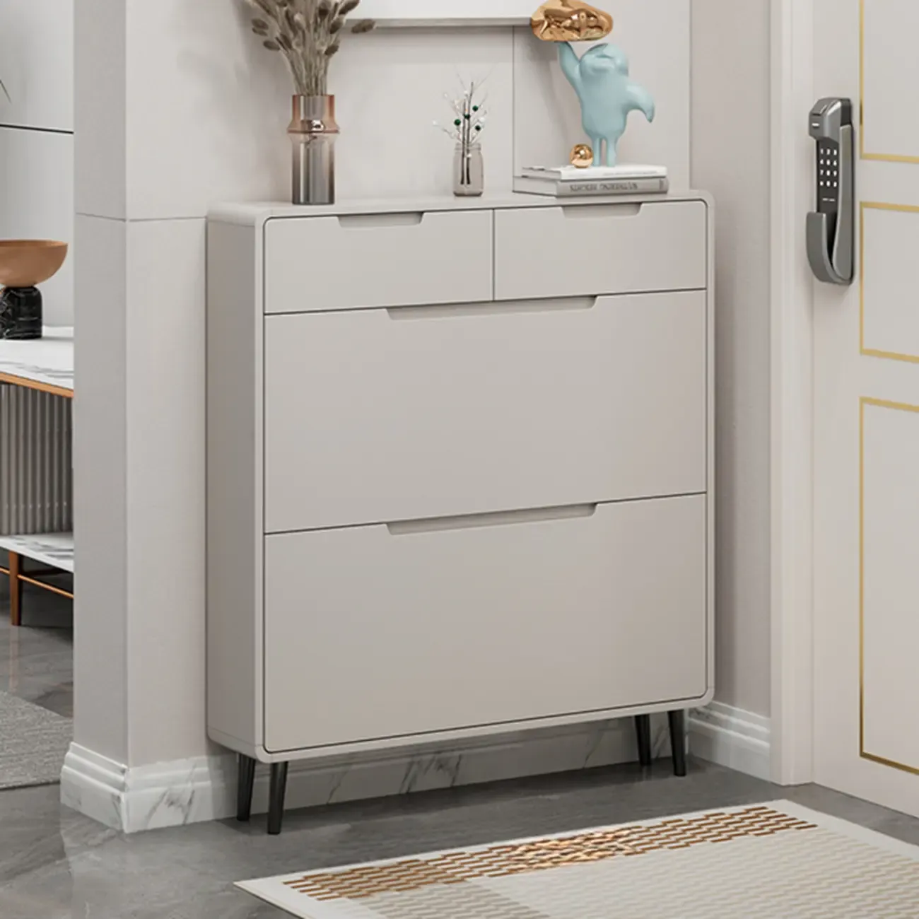 Drop-Front Beige Wood Entryway Shoe Cabinet with 2-Drawer Image - 6