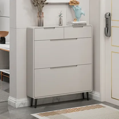 Drop-Front Beige Wood Entryway Shoe Cabinet with 2-Drawer Image - 6