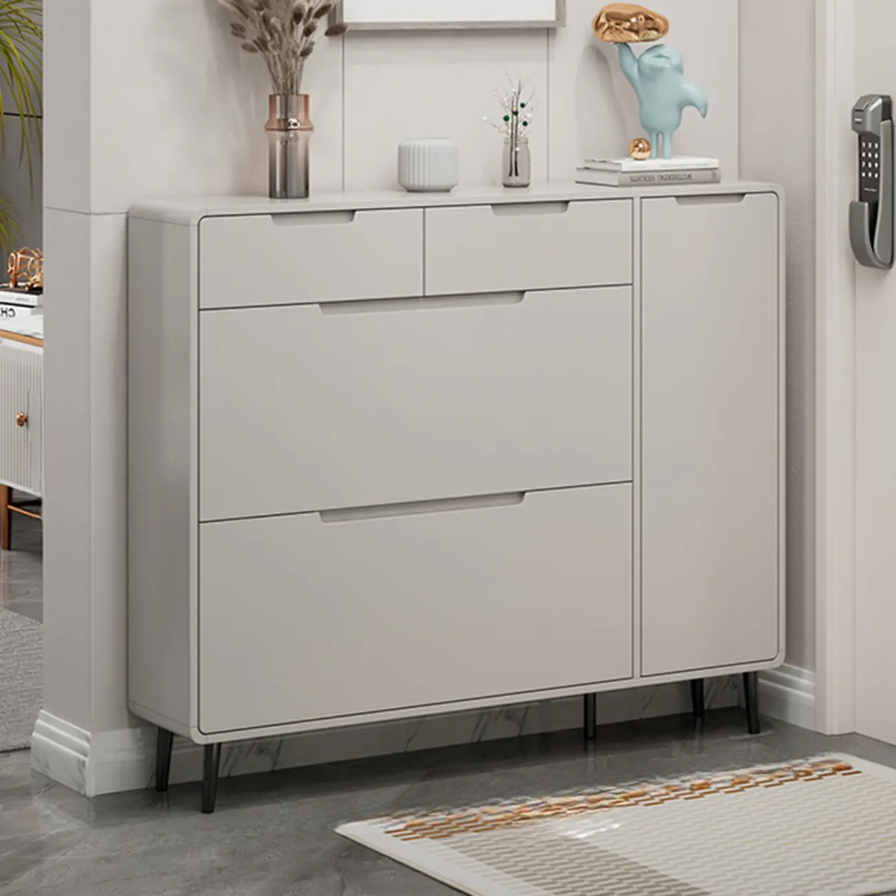 Drop-Front Beige Wood Entryway Shoe Cabinet with 2-Drawer Image - 7 | homeyfad