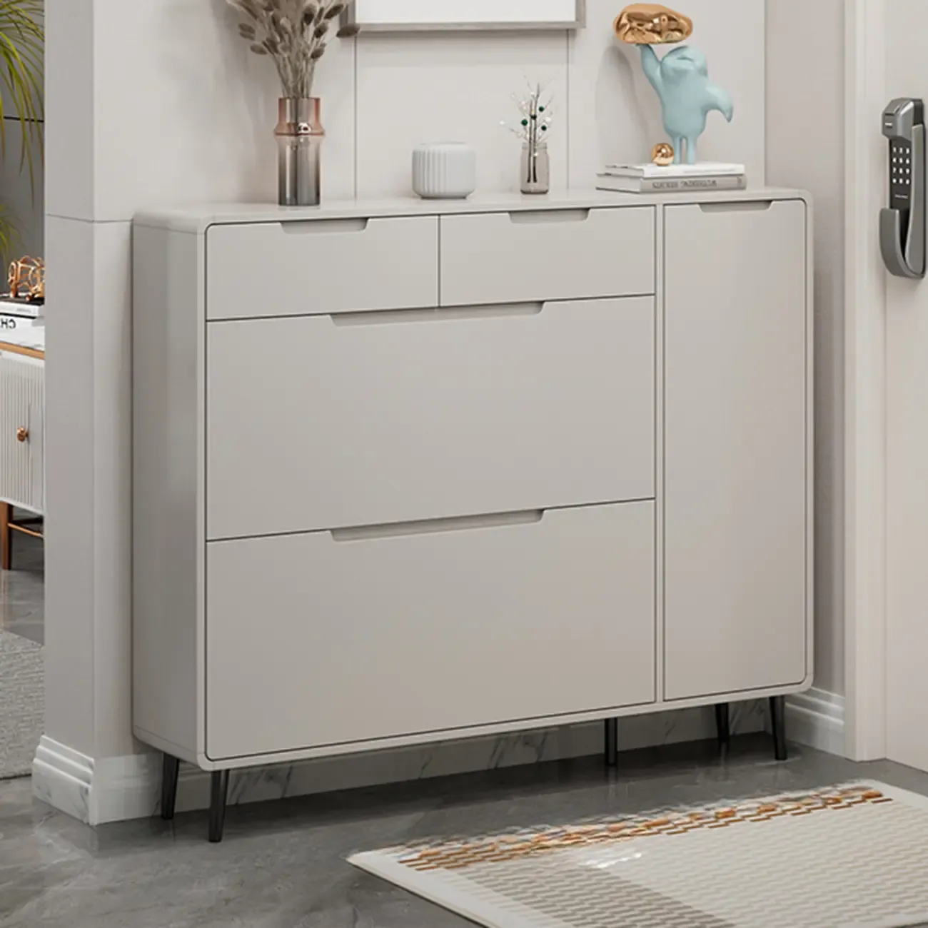 Drop-Front Beige Wood Entryway Shoe Cabinet with 2-Drawer Image - 7