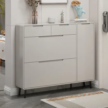 Drop-Front Beige Wood Entryway Shoe Cabinet with 2-Drawer Image - 7